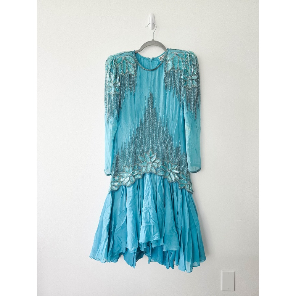 Vintage Black Tie Oleg Cassini Silk Beaded Sequin Dress Turquoise Blue Sz 8
